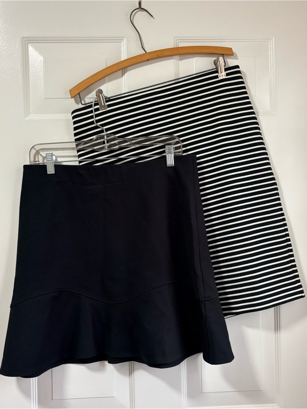 LOFT Black Flared Skirt & Black-and-White Striped Pencil Skirt